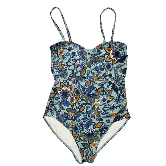 Tahiti boho floral one piece swimsuit floral blue yellow tan size Large 12-14 - Picture 1 of 6